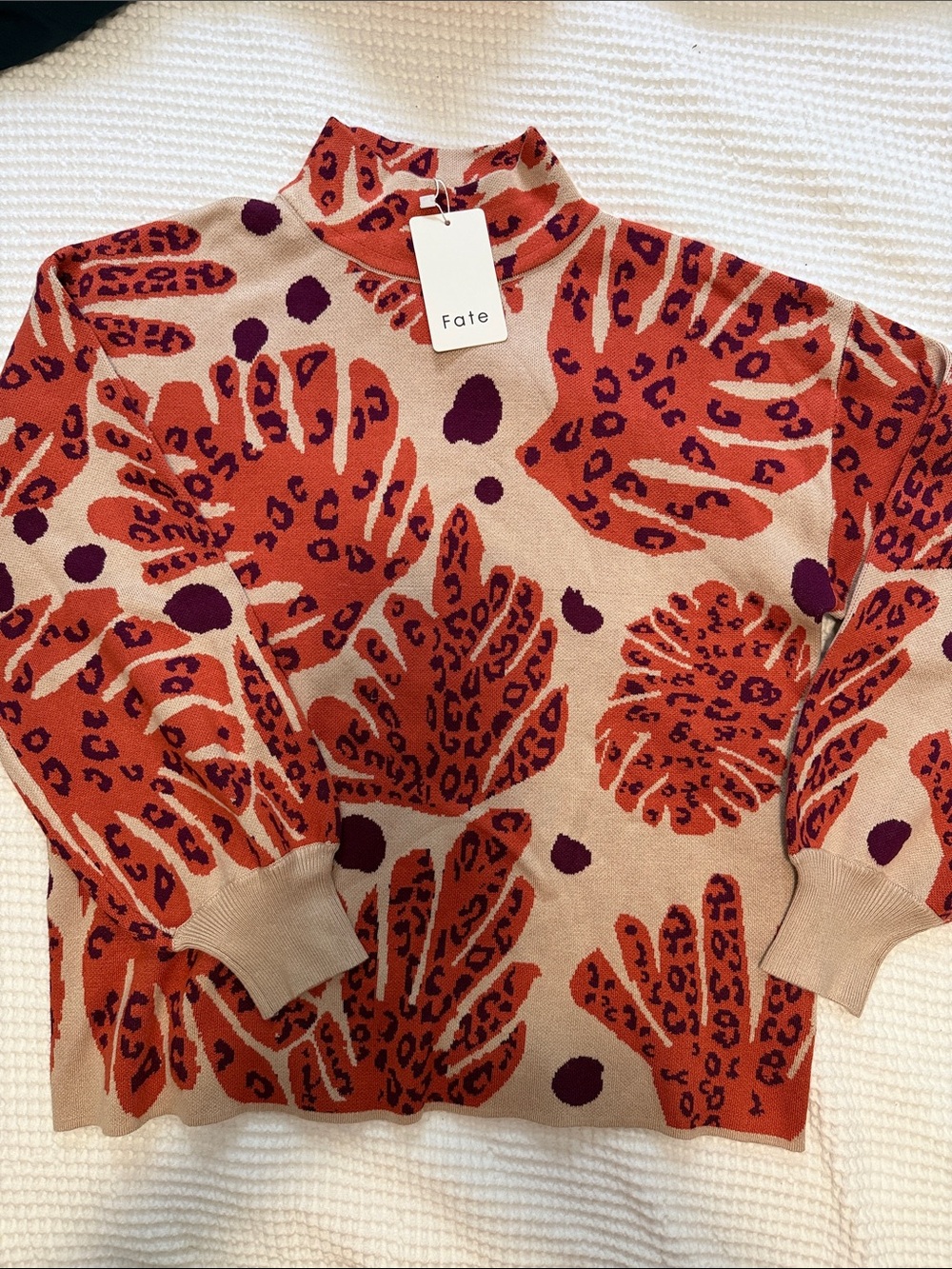 Fate Beige Sweater with Rust and Plum Leaf Print Mock Neck